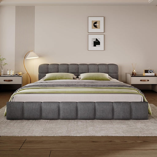 King Size Elegant Chenille Upholstered Platform Bed with Thick Headboard and Footboard, Block Style Upholstery Grounded Bed Frame, Gray