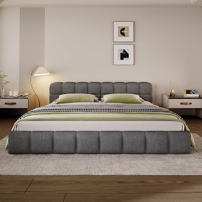King Size Elegant Chenille Upholstered Platform Bed with Thick Headboard and Footboard, Block Style Upholstery Grounded Bed Frame, Gray
