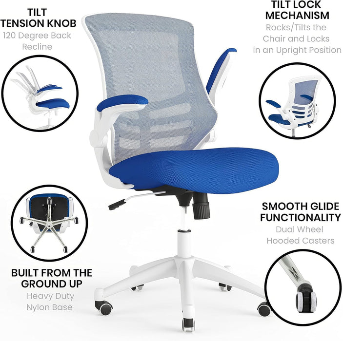 Kelista Office Chair, Ergonomic, Mid-Back, White Frame, Blue Mesh with Swivel