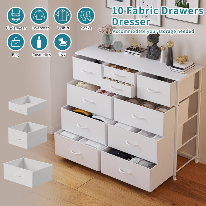 10-Drawer Dresser, Fabric Storage Tower with Drawers for Bedroom, Dresser Drawer with Handle for Bedroom, Living Room, Hallway, Closets & Nurseryteel Frame, Wood Top (10 Drawer/White)
