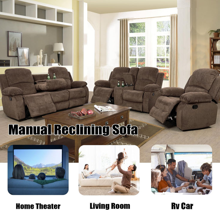 Recliner Sofa Set for Living Room Furniture Set, Reclining Sofa and Loveseat Set for Reclinier Sofa with Drop down Table/Double Recliner Loveseat with Storage Console/Brown Velvet