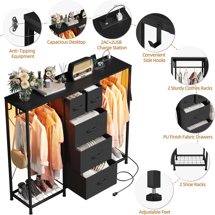 49.2In Wide Dresser With Hanging Racks LEDLighting