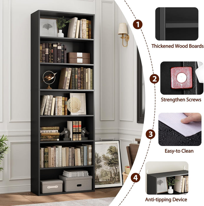 82 Inch Tall Freestanding Black Bookshelf StorageUnit