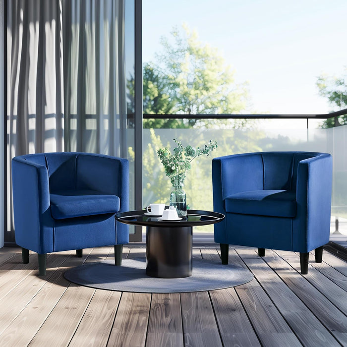 Deluxe Blue Velvet Upholstered Barrel Armchair Set