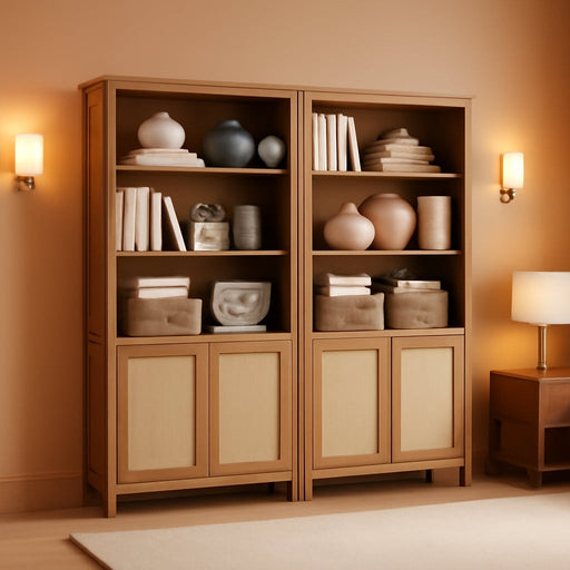 71" Tall Bookcase 5 Tier Rattan Bookshelf with Doors for Library | Farmhouse Storage Book Shelf with Adjustable Shelves Large Book Case Bookshelves for Living Room Home Office Bedroom Kitchen