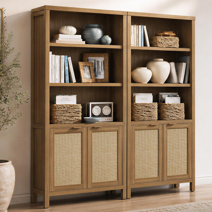 71" Tall Bookcase 5 Tier Rattan Bookshelf with Doors for Library | Farmhouse Storage Book Shelf with Adjustable Shelves Large Book Case Bookshelves for Living Room Home Office Bedroom Kitchen