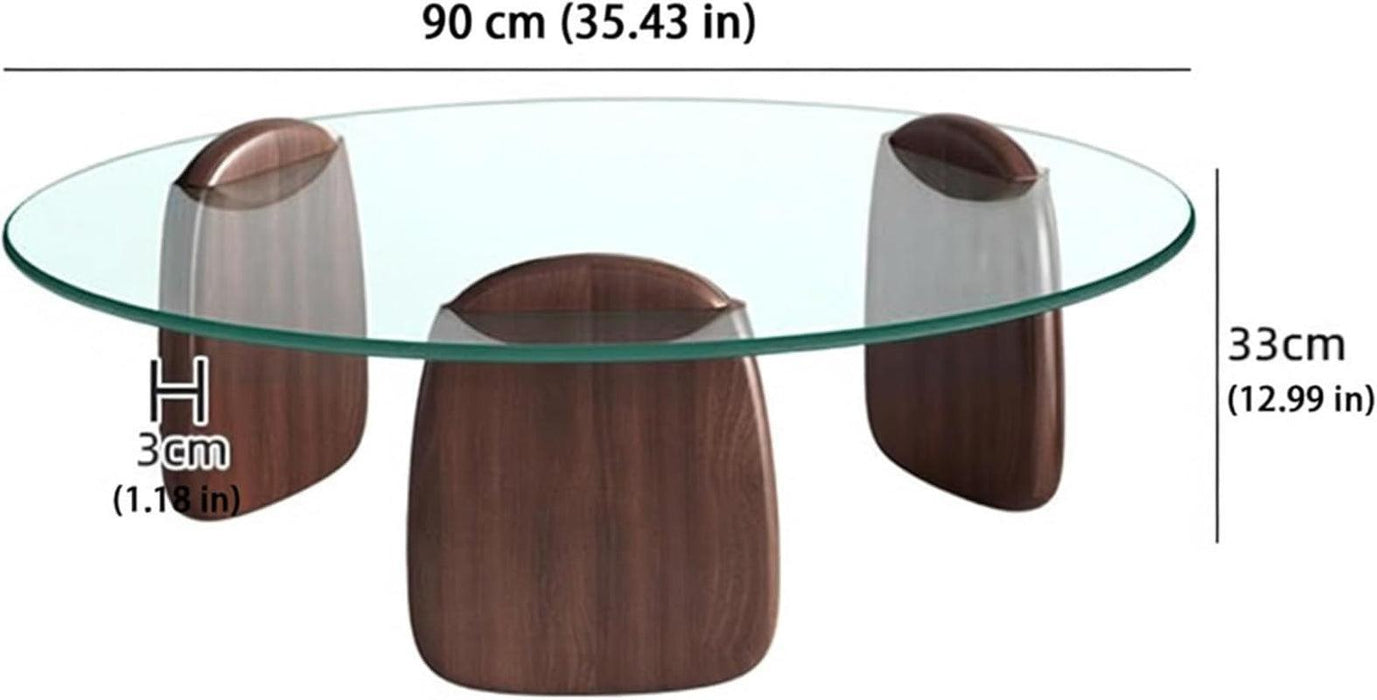 Modern round Coffee Table with Glass Top, 32.68" D X 22.44" W X 15.75" H, Circular Tea Tables for Living Room Home Office Industrial Cocktail Tables (Walunt-Clear Glass/35.43")