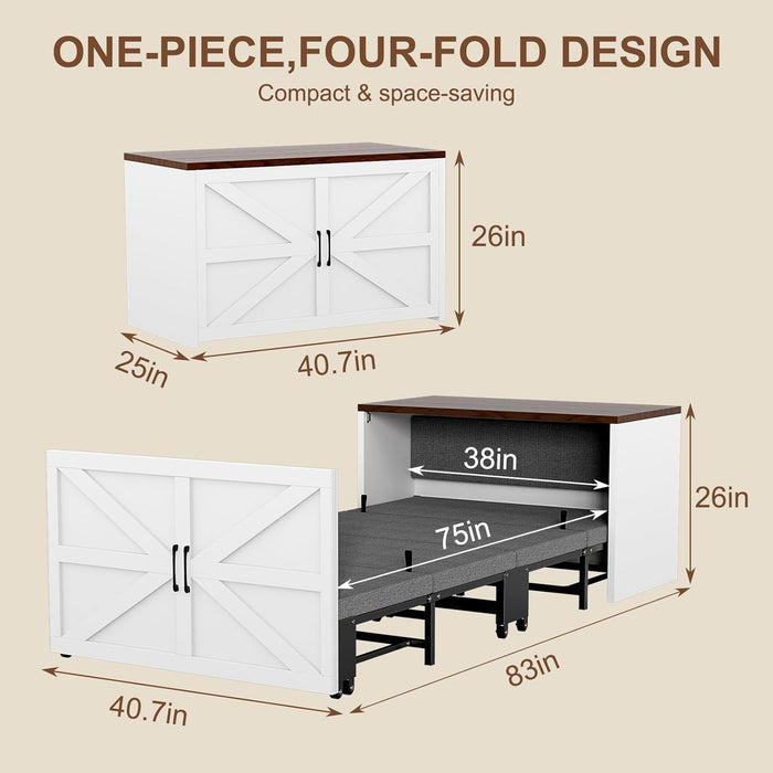 Twin/Full Size Murphy Bed Cabinet with Mattress, Hideaway Foldable Beds Space-Saving Pull Out Wooden Murphy Bed Chest for Small Room Home Office Guest Room Bedroom Living Room Walnut+White