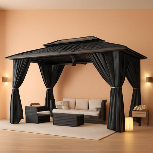 10X15 Hardtop Gazebo on Clearance with Heavy Duty Galvanized Steel Metal Roof, Patio Hard Top Gazebo with Curtains & Netting,Outdoor Permanent Hot Tub Gazebo Pavillon for Backyard,Deck,Black