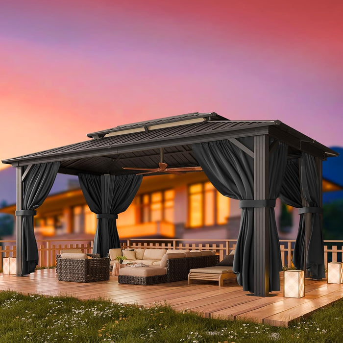 10X15 Hardtop Gazebo on Clearance with Heavy Duty Galvanized Steel Metal Roof, Patio Hard Top Gazebo with Curtains & Netting,Outdoor Permanent Hot Tub Gazebo Pavillon for Backyard,Deck,Black