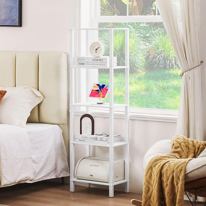 54In Tall Bookshelf 5-Tier Small Narrow Bookcase, Skinny Book Shelf for Small Space, Farmhouse Slim Shelf with Storage, Wood Freestanding Display Thin Bookshelves for Living Room, Office, White