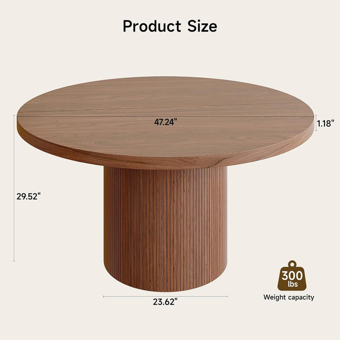 47 Inch round Dining Table for 4-6, Walnut | Circle Kitchen Table with Fluted Base, Modern Farmhouse Dinner Tables for Kitchen, Living Room