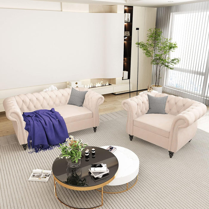 2 Piece Living Room Set, Chesterfield Velvet Sofa Loveseat Couch Chair with Scroll Arms and Nailhead for Living Room, Office (Beige, 1-2)