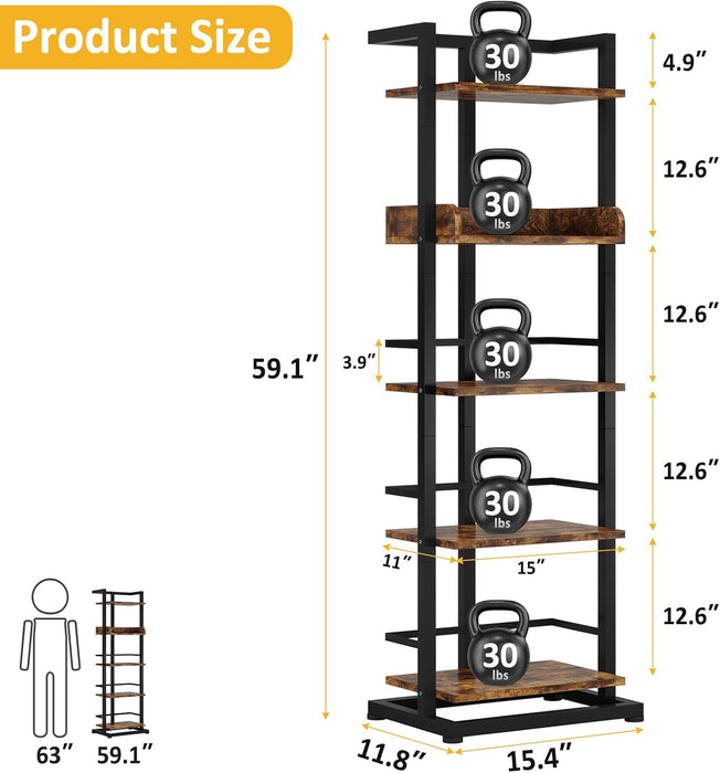 Rustic Brown 5 Tier IndustrialStrength Wood Bookshelf