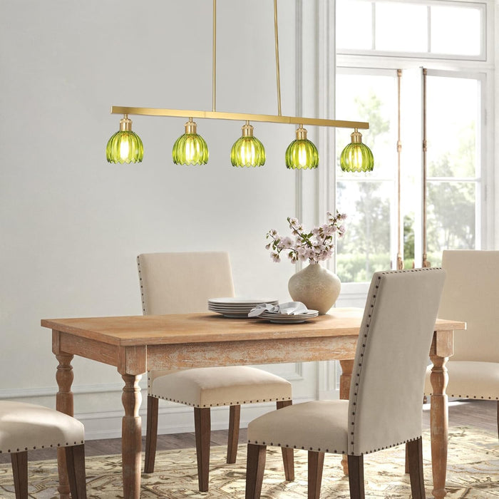 Gold Pendant Chandelier With Emerald Floral GlassShade