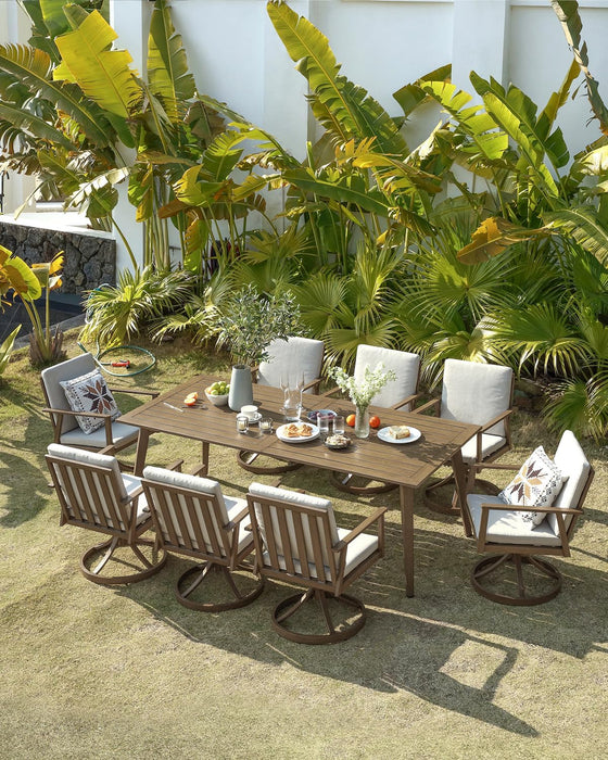 9 Pieces Patio Dining Set for 8, Outdoor Aluminum Dining Furniture Set with Umbrella Hole, All-Weather Outdoor Patio Table Sets with 8 Swivel Chairs and Table for Deck Backyard Poolside, Teak