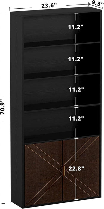 Book Shelf and Bookcase with Leather Doors, 70" Tall Bookshelf, 6 Tier Display Case Floor Standing for Home Office, Living Room, Black