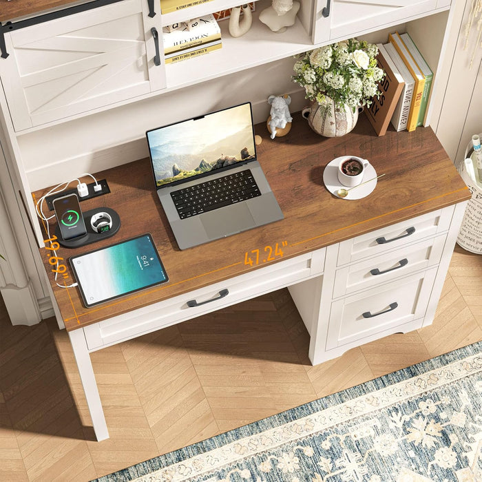 Farmhouse 67" H Executive Desk with Hutch,Computer Desk with Charging Station,Office Table with LED Light and 4 Drawers,File Drawers and Storage Cabinet,Workstation for Home Office.Unique White