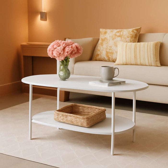 Coffee Table for Living Room, Oval Small Coffee Table with 2-Tier Open Storage Shelf, Industrial Cocktail Tea Table, Wooden Desktop Center Table, Farmhouse, Home Office, White WW09KF01