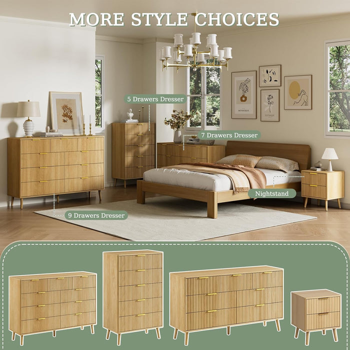 Fluted 9 Drawer Dresser for Bedroom, 55" Wide Modern Chest of Drawers with Curved Profile Design and Metal Handles, Wood Dresser TV Stand & Storage Organizer for Bedroom, Hallway, Oak