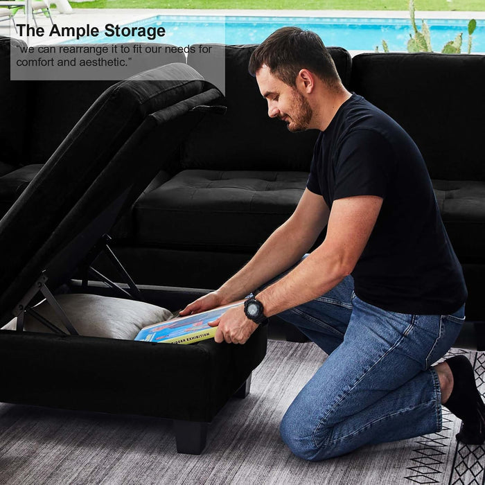 Velvet Modular Sectional Sofa Couch with Storage Convertible Sectional Sleeper Sofa Couch Bed Set with Reversible Chaise Black