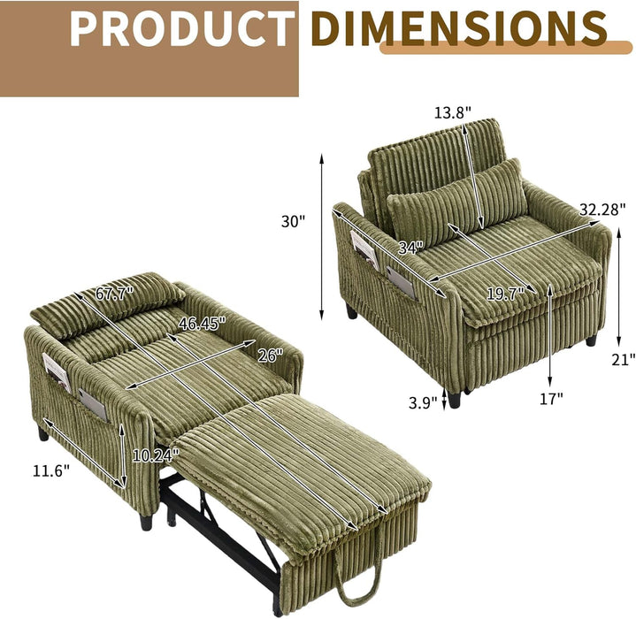 Corduroy Convertible Sofa Bed With ForestGreen Fabric