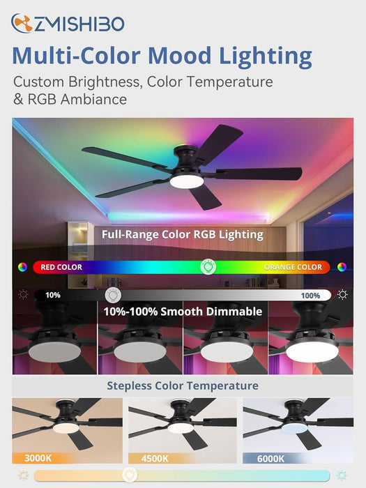 52 Inch Smart Ceiling Fans with RGB Lights, Low Profile Flush Mount Ceiling Fan with Alexa/App/Remote Control, Dimmable 20W LED Light, Black Modern Fan for Living Room, Bedroom, Game Room