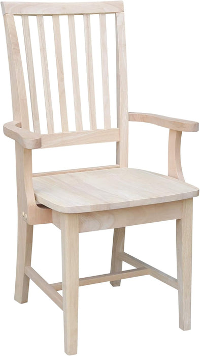 , Mission Side Chair with Arms, Solid Wood Parawood, Dining Chairs, Box Seat Construction, Traditional Kitchen/Dining Room Furniture, Unfinished