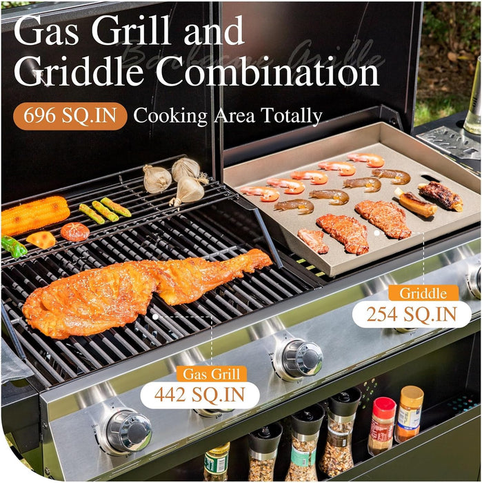 Propane Gas Grill and Griddle Combo with Porcelain-Enameled Cast Iron Grates, Dual Outdoor BBQ Grill with Flat Top Griddle for Barbecue, 696 SQ.IN. Cooking Area