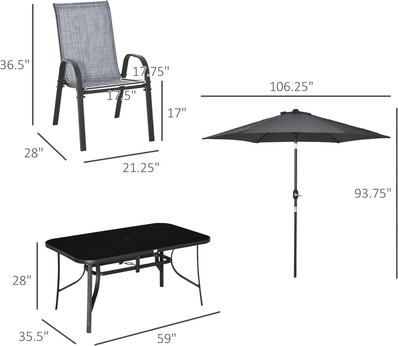 8 Pieces Patio Furniture Set with 9Ft Patio Umbrella, Outdoor Dining Table and Chairs, 6 Chairs, Push Button Tilt and Crank Parasol, Tempered Glass Top, Gray