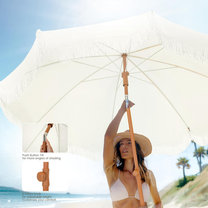 7Ft Fringe Beach Umbrella White with Sand Anchor, Outdoor Patio White Portable Beach Umbrella for Sand with Tassels, Push Button Tilt & Carrying Bag, UPF 50+