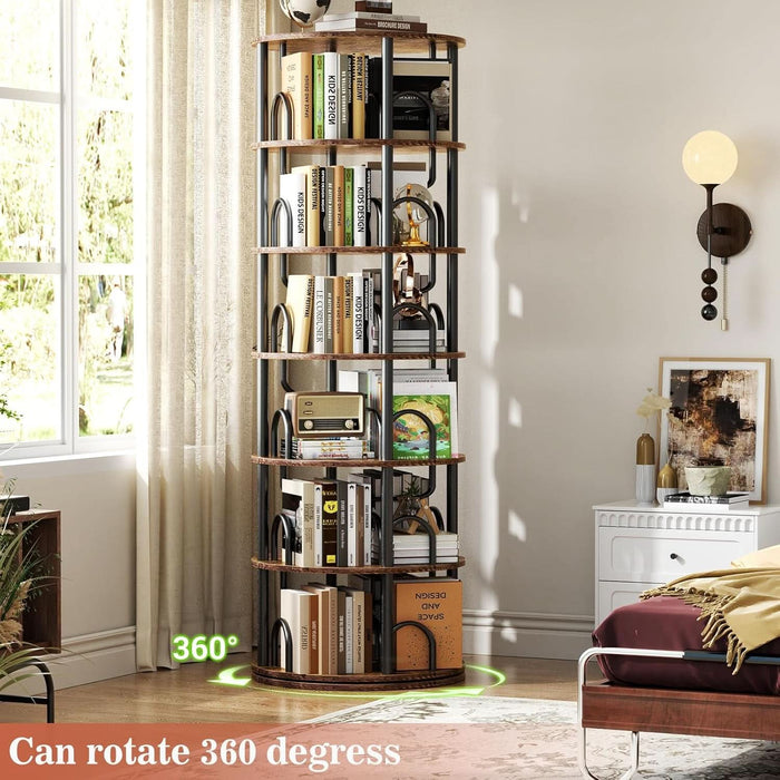 6 Tier Rotating Bookshelf Tower, Revolving Bookcase, 360° round Spinning Book Shelf, Narrow Swivel Bookshelves Vertical Turning Corner Bookshelf Organizer for Small Space, Rustic Brown