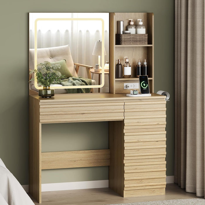 Vanity Desk with Lights, Fluted Vanity with 4 Drawers, Open Shelves, Power Outlet, LED Lighted Mirror, 3 Lighting Modes & Brightness Adjustable, Wood Dressing Table for Bedroom,Natural Oak