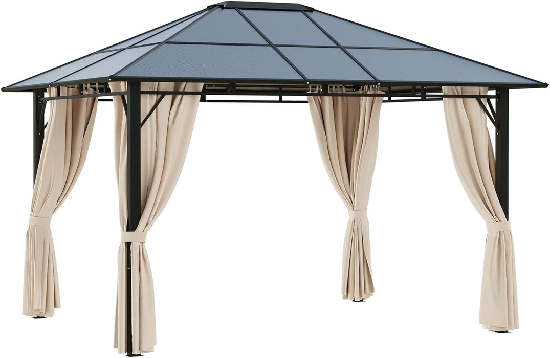 10' X 12' Hardtop Gazebo Canopy with Polycarbonate Roof, Aluminum Frame, Permanent Pavilion Outdoor Gazebo with Netting, for Patio, Garden, Backyard, Deck, Lawn