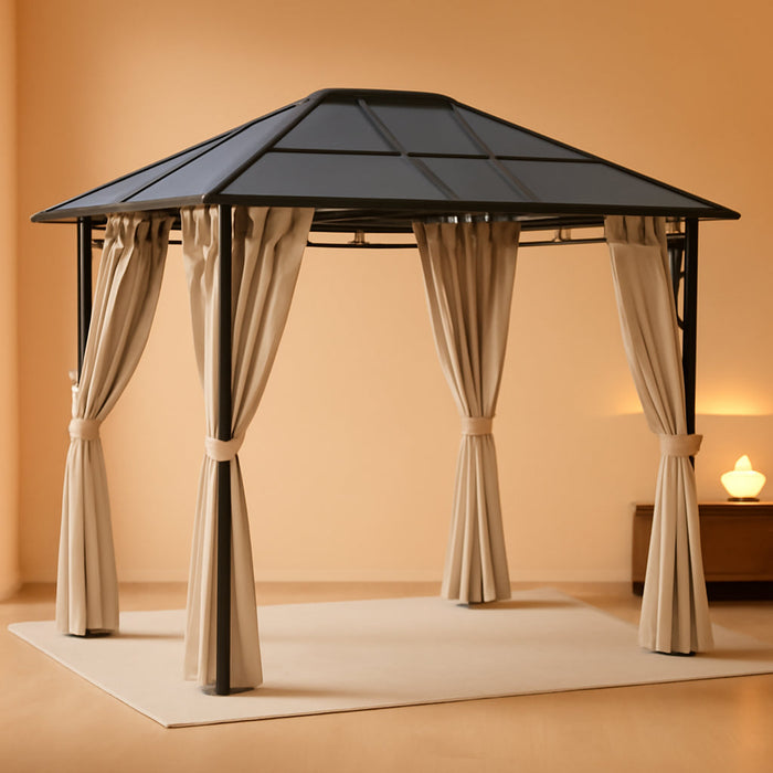 10' X 12' Hardtop Gazebo Canopy with Polycarbonate Roof, Aluminum Frame, Permanent Pavilion Outdoor Gazebo with Curtains for Patio, Garden, Backyard, Deck, Lawn, Dark Brown, Off-White