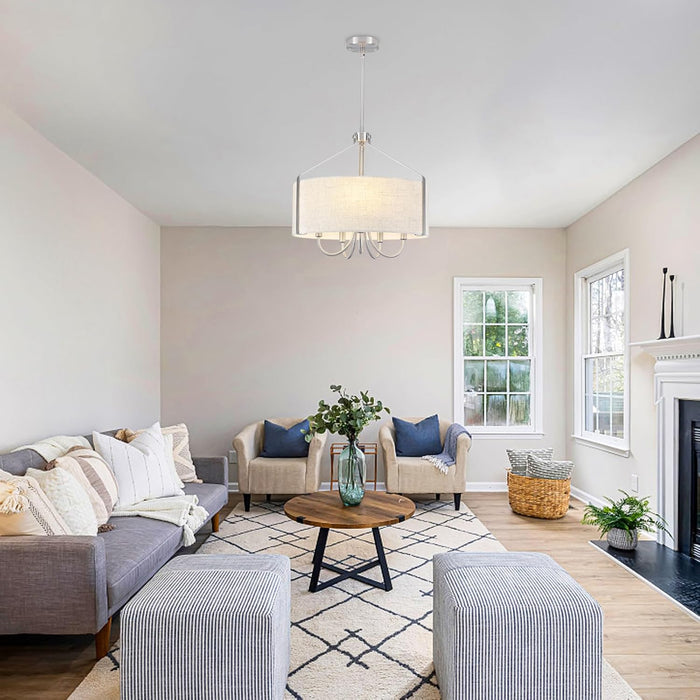 5-Light Drum Chandelier for Dining Room 18" Farmhouse Pendant Light with Linen Lampshade – Brushed Nickel Chandelier for Kitchen Island, Living Room, Bedroom, Entryway & Foyer