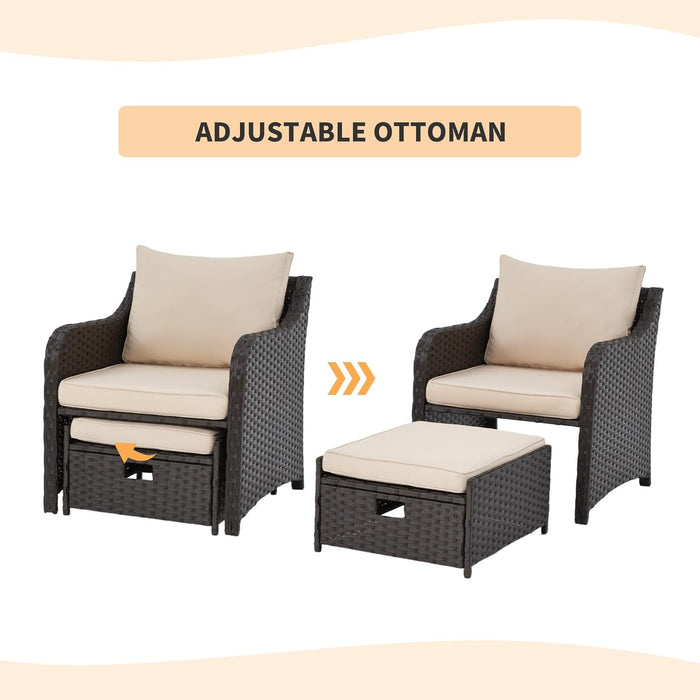 5 Piece Balcony Furniture, All Weather PE Wicker Rattan Patio Furniture Set, Cushioned Patio Chairs Set of 2 W/Ottoman&Table, Outdoor Lounge Chair for Lawn Pool Balcony, Khaki