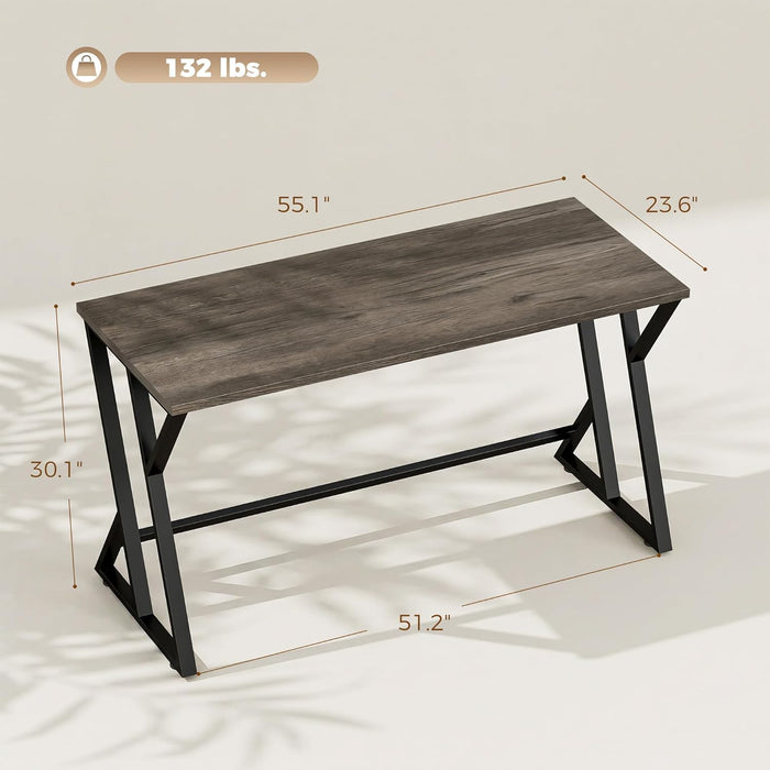 55 Inch Computer Desk, Industrial Writing Desk with Z-Shaped Metal Leg, Study Table for Home Office, Bedroom, Small Spaces, Distressed Gray