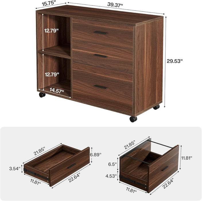 39-Inch Walnut Rolling File Cabinet With Compartments