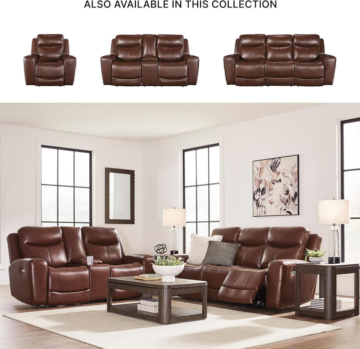 Mighty Moves Transitional Leather Match Power Reclining Sofa with Adjustable Headrest and USB Charging Port, Dark Brown