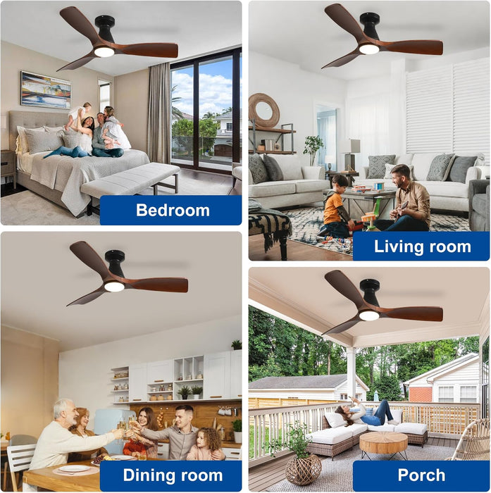 42-Inch Ceiling Fans with Lights: Walnut 3 Blade Flush Mount Low Profile Ceiling Fan for Bedroom - Dimmable Indoor Outdoor Fan with Remote Control Ultra Quiet DC Motor Timer