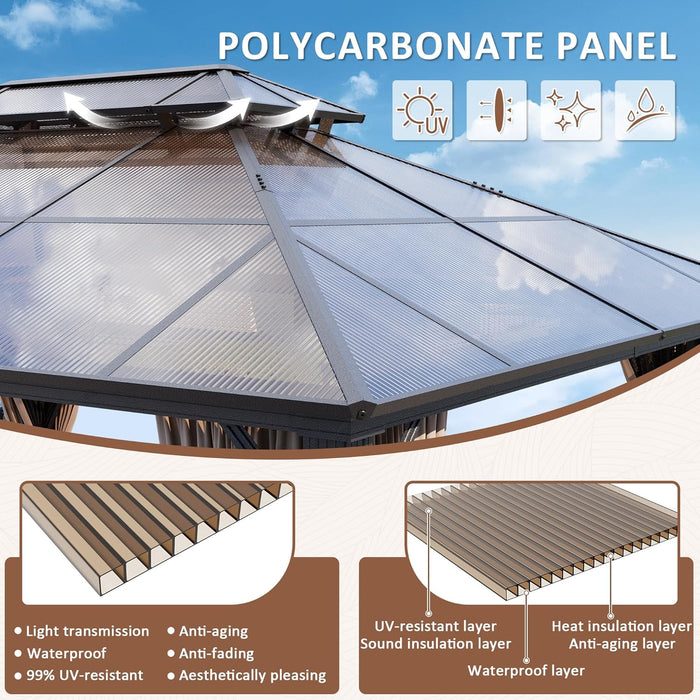 12x16 Brown Gazebo Polycarbonate Roof Aluminum Frame