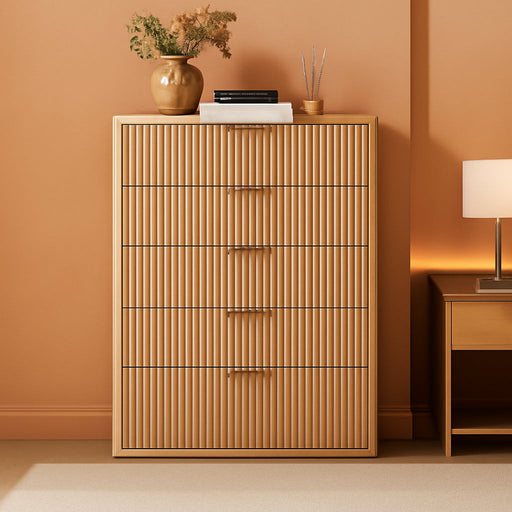 Fluted 6 Drawers Dresser for Bedroom, 42" Tall Modern Chest of Drawers with Metal Handle, Curved Profile Design,Natural Wood Drawer Organizer for Bedroom, Living Room, Hallway, Entryway