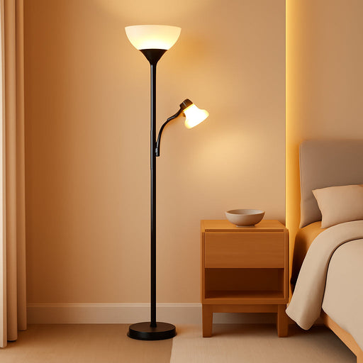 Floor Lamp, Standing Lamp, Torchiere Floor Lamp with Adjustable Reading Lamp, 71" Tall Pole Lamps, 3 Way Switch, Plastic Lampshade, Corner Floor Lamps for Living Room, Bedroom(E26 Base, No Bulb)-Black