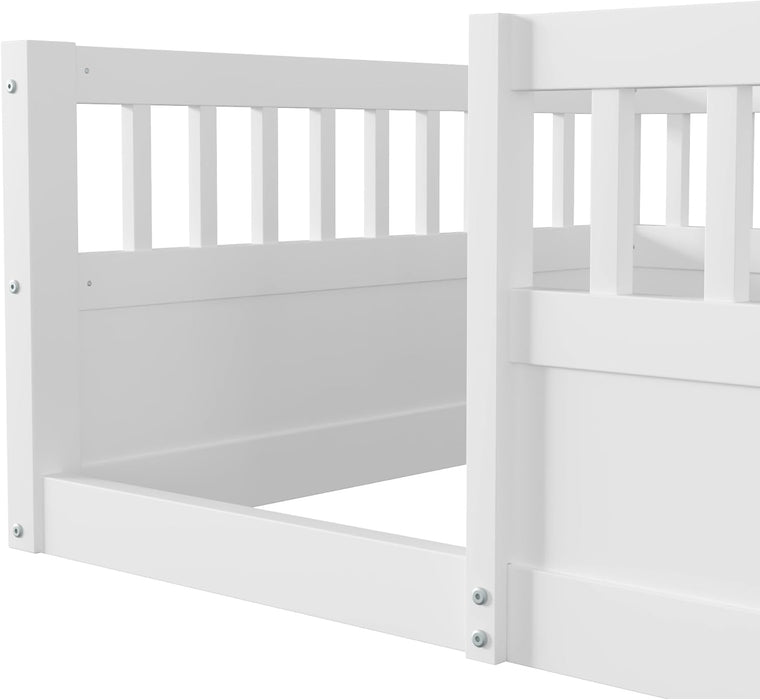 Twin Size Toddler Floor Bed with Safety Fence,Playhouse Floor Bed with High Rails for Children Bedroom,Montessori Bed with Sturdy Soild Wood Slats Guardrails (White, Twin)