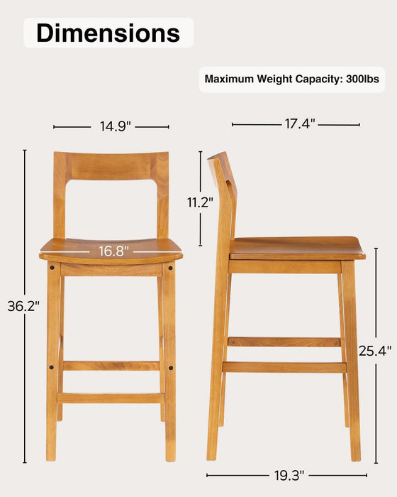 Wood Bar Stools Set of 3, Counter Height Barstools Armless Farmhouse Wooden Bar Dining Chairs with Back & Footrest for Kitchen Island Cafe Pub, Dark Oak