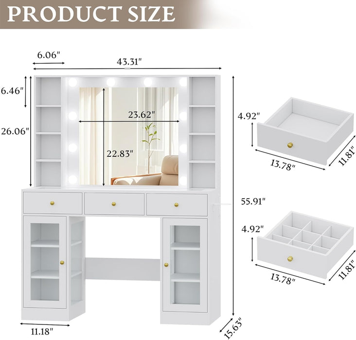 Makeup Vanity Desk with Mirror and Lights, White Vanity with Glass Top, LED Lights & Power Outlet, 3 Drawers & 2 RGB Glass Cabinets, Adjustable Lighted Dressing Table for Women & Girls Bedroom