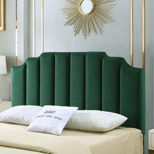Jade Velvet Tufted Queen Upholstered Headboard, Modern Vertical Channel Design California Queen/Full Headboard with Stepped Silhouette Top Edge,Jade