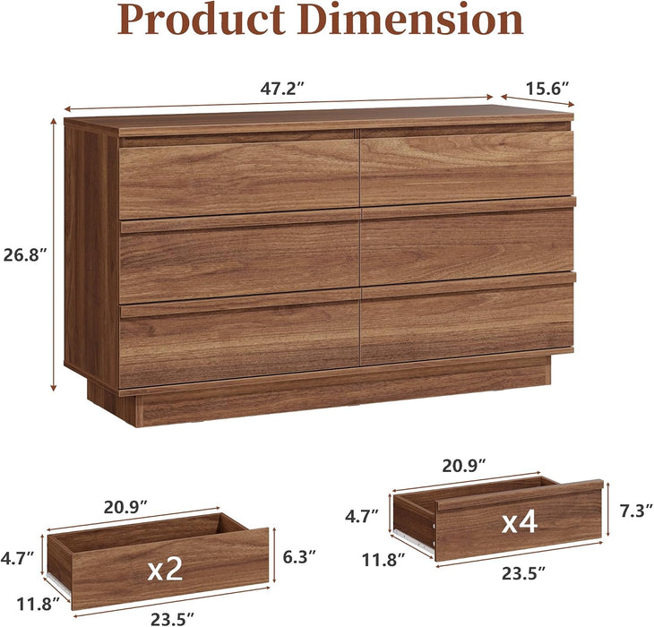 6 Drawer Dresser Walnut, Double Chest of Drawers