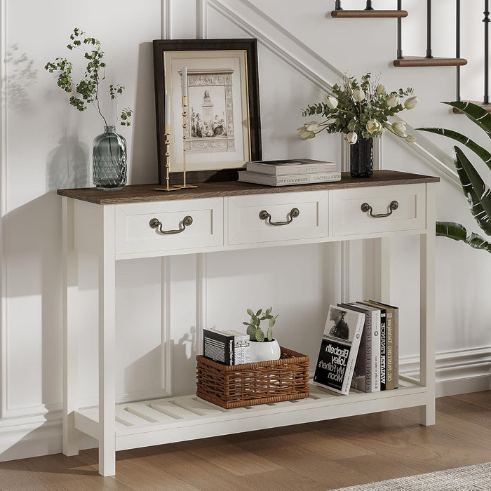 47" Farmhouse Console Table with 3 Drawers, Rustic Entryway Table, Narrow Long Sofa Table for Living Room, Hallway, behind Couch, Soft White and Brown